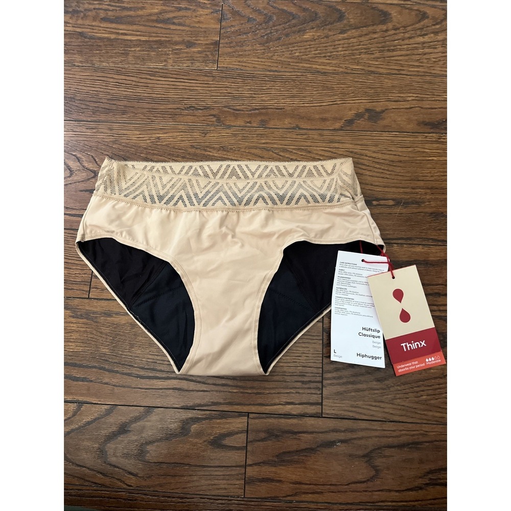 Thinx Womens Large Beige Lace Waist Hiphugger Period Underwear Panty New
